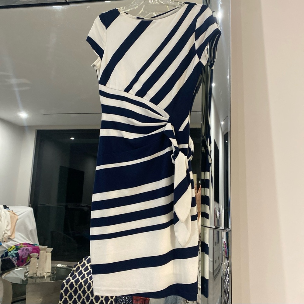Cache Blue and White Wrap Midi Dress with Tie Front